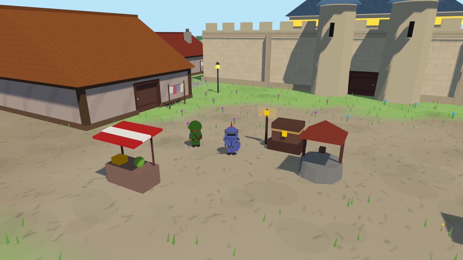 A sword-and-shield knight and a hooded archer standing side by side in the Brightmeadow town square