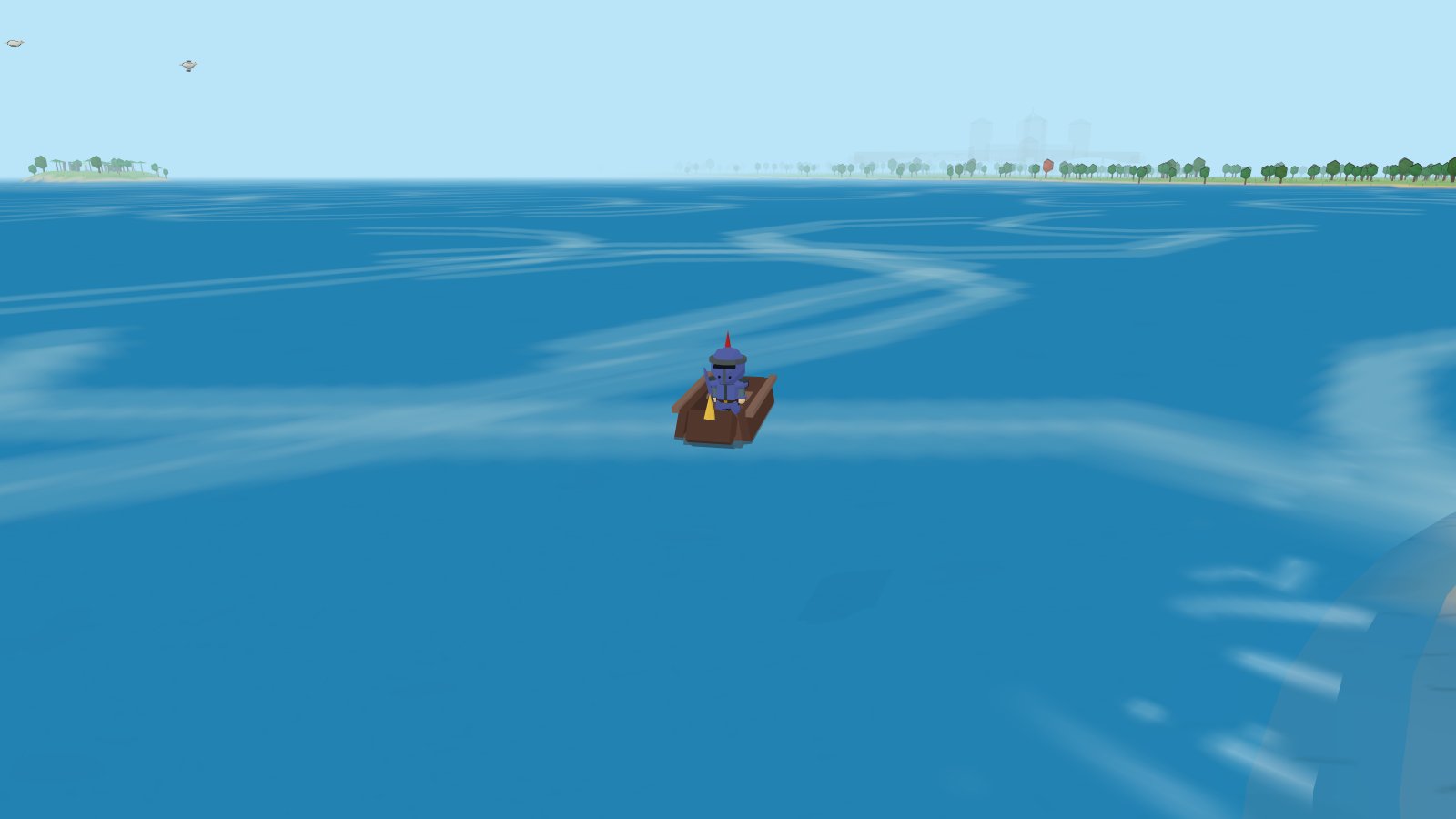 Sailing a skiff toward islands on the open horizon